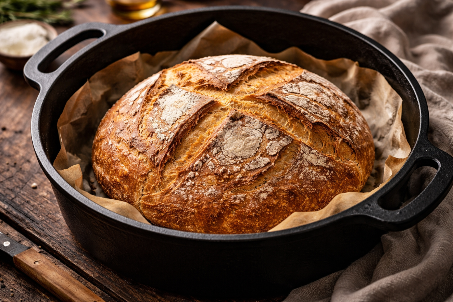 Egyszerű, ropogós házi kenyér öntöttvas edényben sütve